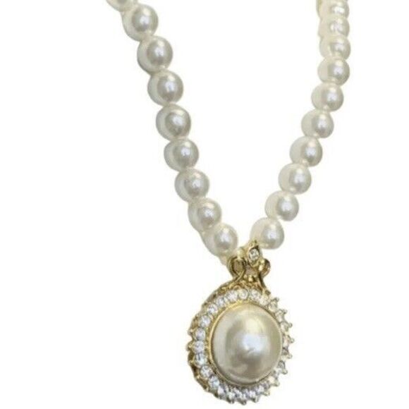 VTG White Pearl Icy Crystal Pendant Necklace 18" Gold Formal Wedding - Picture 8 of 16